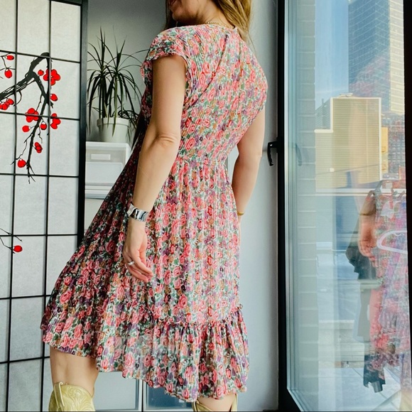 Phase II Wrap Drop Shoulder Busty Bodice Micro Pleated MIDI Floral Dress - Picture 16 of 17